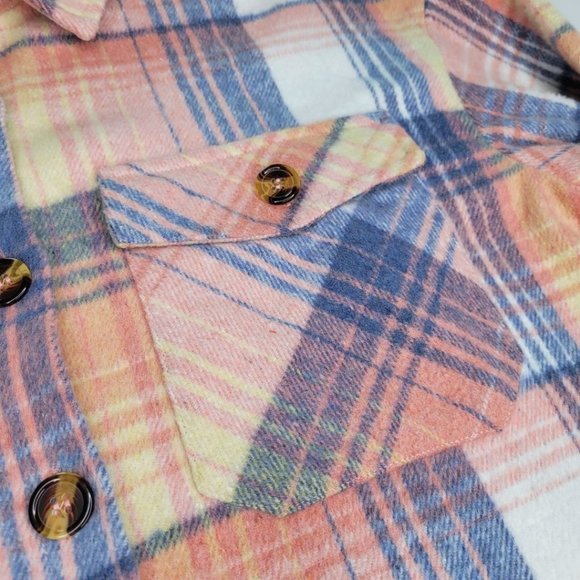 WOMEN’S CASUAL PINK  MULTI PLAID FLANNEL SHACKET JACKET OVERSIZED - Picture 7 of 11
